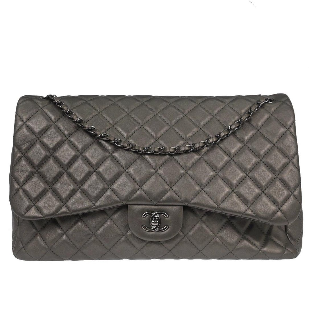 Extra Large Double Chain Matelasse Silver Lambskin Shoulder Bag by Chanel (1 of 10)
