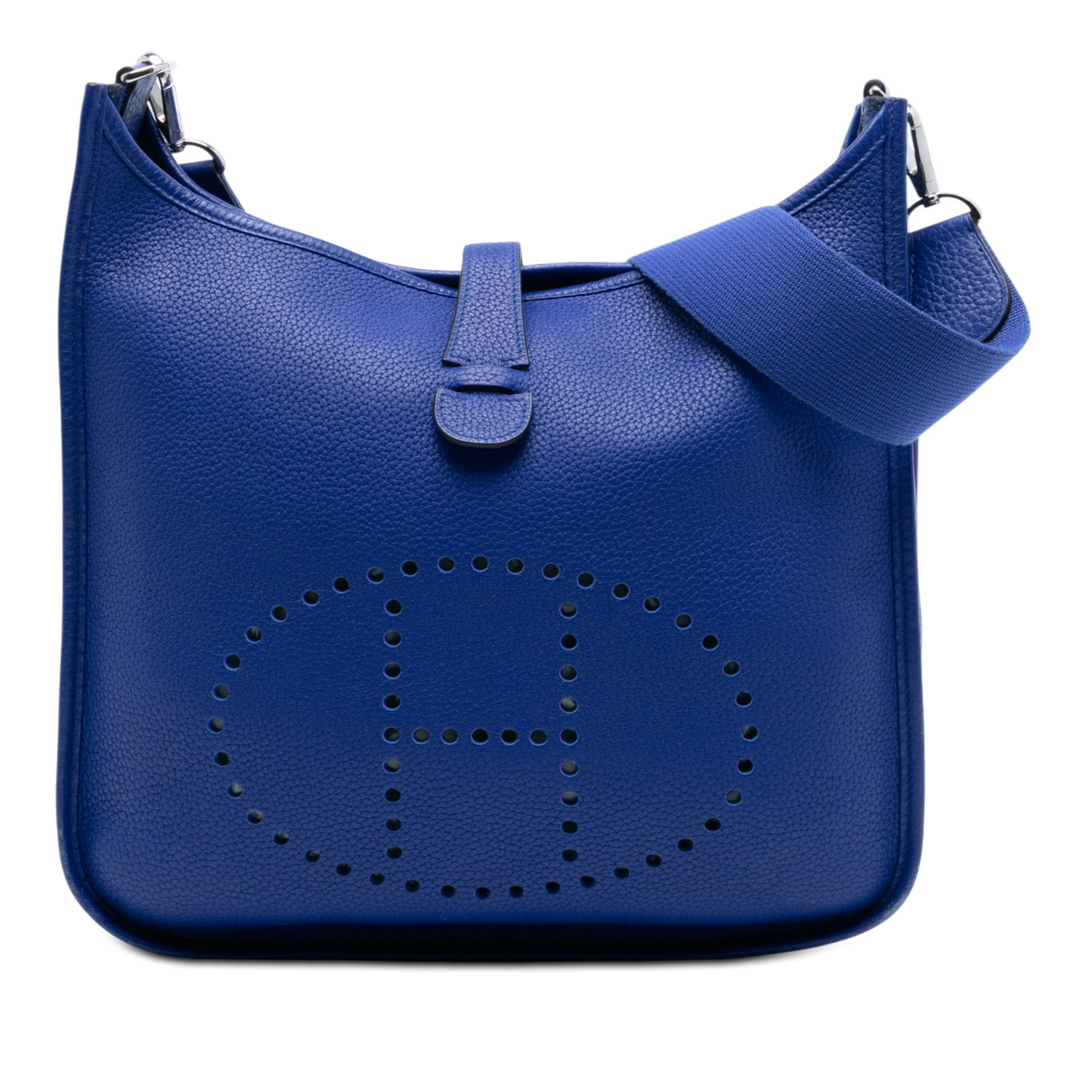 Hermes Evelyne III GM Blue Clemence Leather Shoulder Bag: Hermes Evelyne III GM Blue Clemence Leather Shoulder Bag The Hermes Clemence Evelyne III GM features a leather body in Bleu Royal color, a detachable and adjustable flat canvas strap, an open top with