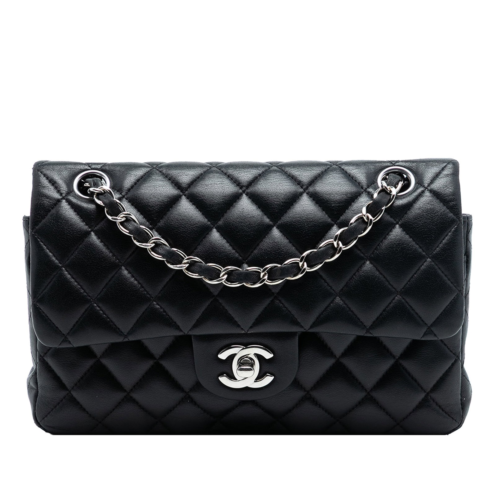 Black Lambskin Double Flap Shoulder Bag Chanel Small Classic: Black Lambskin Double Flap Shoulder Bag Chanel Small Classic This Chanel Small Classic Double Flap shoulder bag is crafted from quilted black lambskin leather and features leather-woven chain straps,