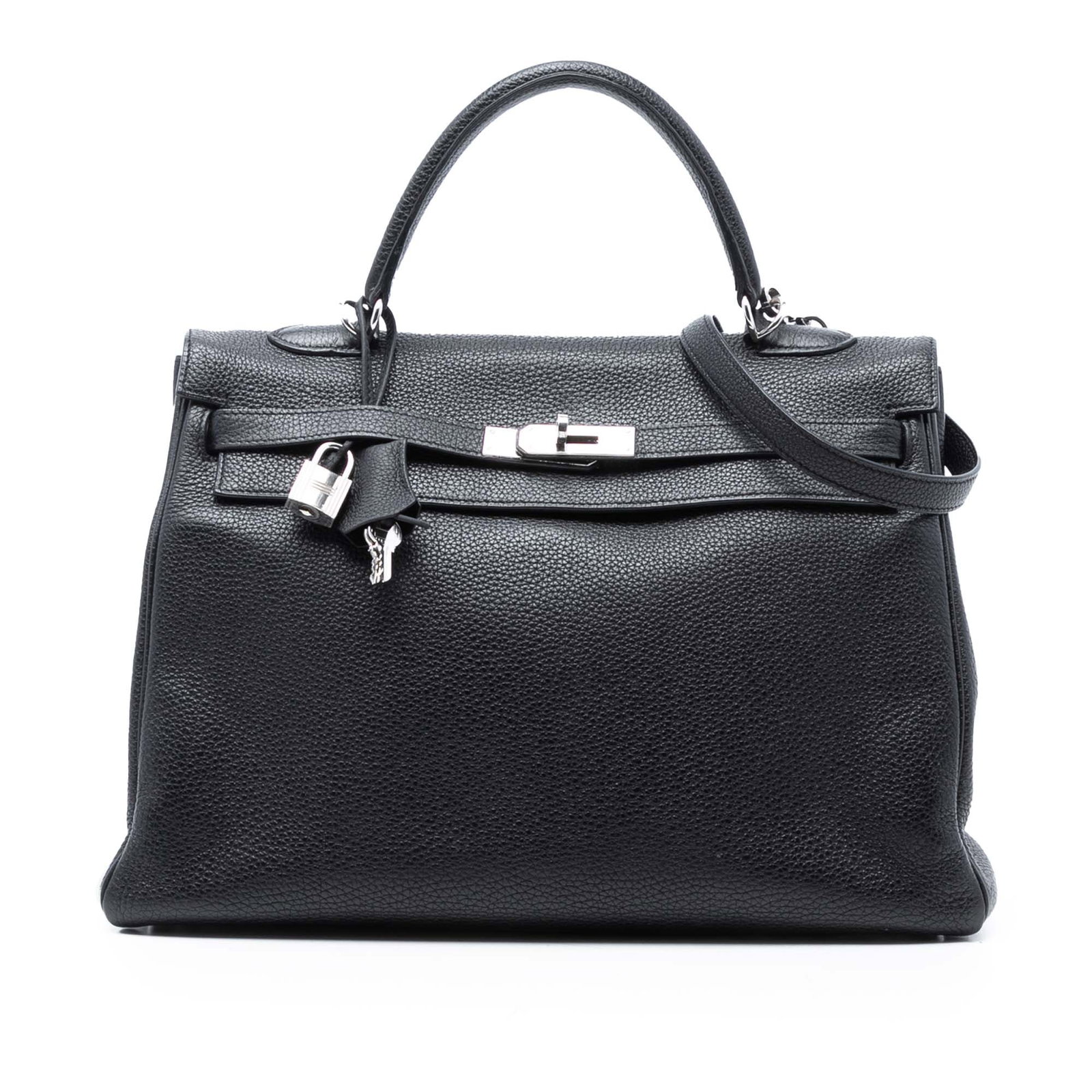 Black Togo Leather Kelly II Retourne 35 Bag with Detachable Strap: Black Togo Leather Kelly II Retourne 35 Bag with Detachable Strap The Hermes Togo Kelly II Retourne 35 is crafted from Togo leather in a Noir (black) color. It features a flat leather top handle, a de