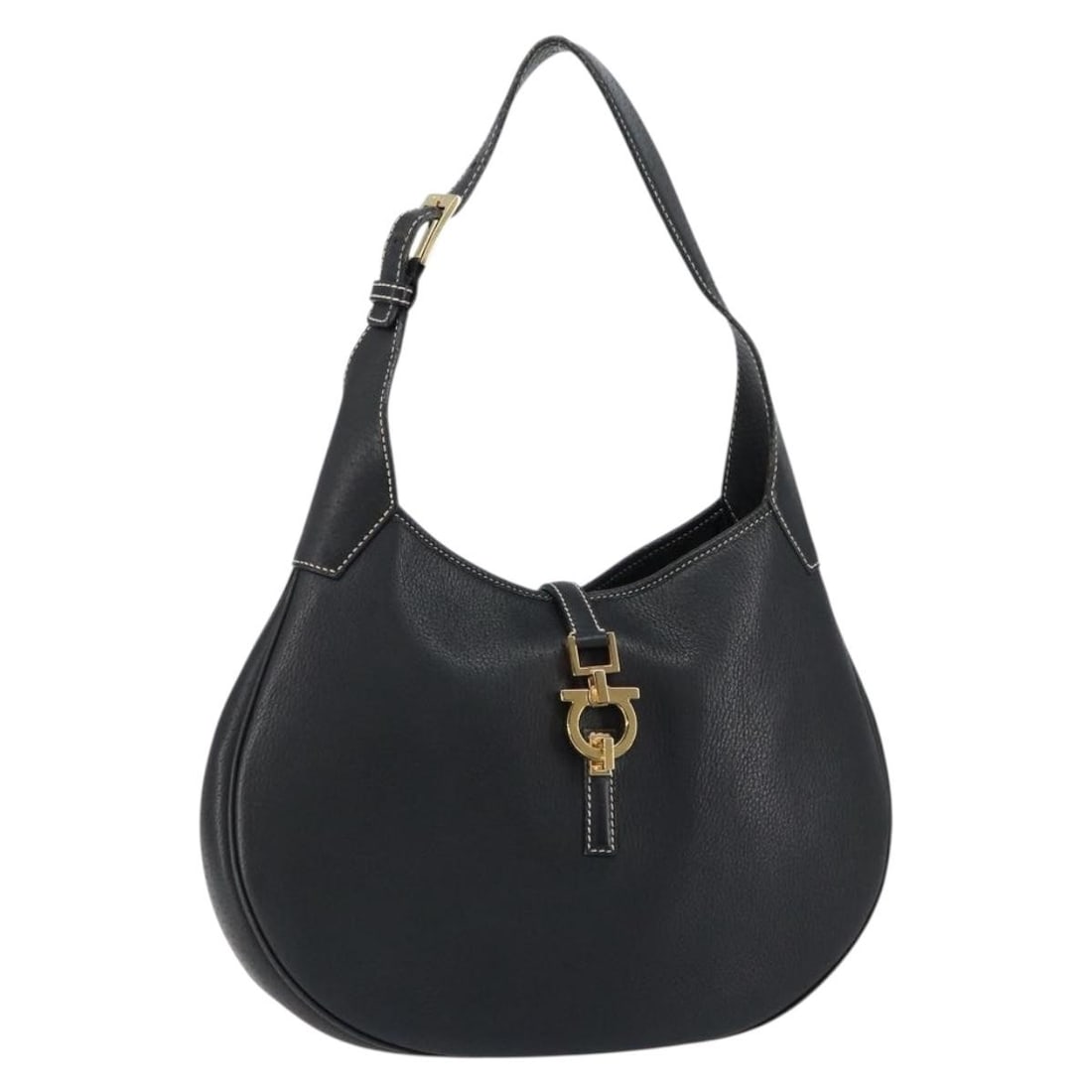 Salvatore Ferragamo Leather Black Gancini Shoulder Bag: Salvatore Ferragamo Leather Black Gancini Shoulder Bag This Salvatore Ferragamo Gancini shoulder bag is crafted from black leather and designed for female use. It features metal fittings and a practic