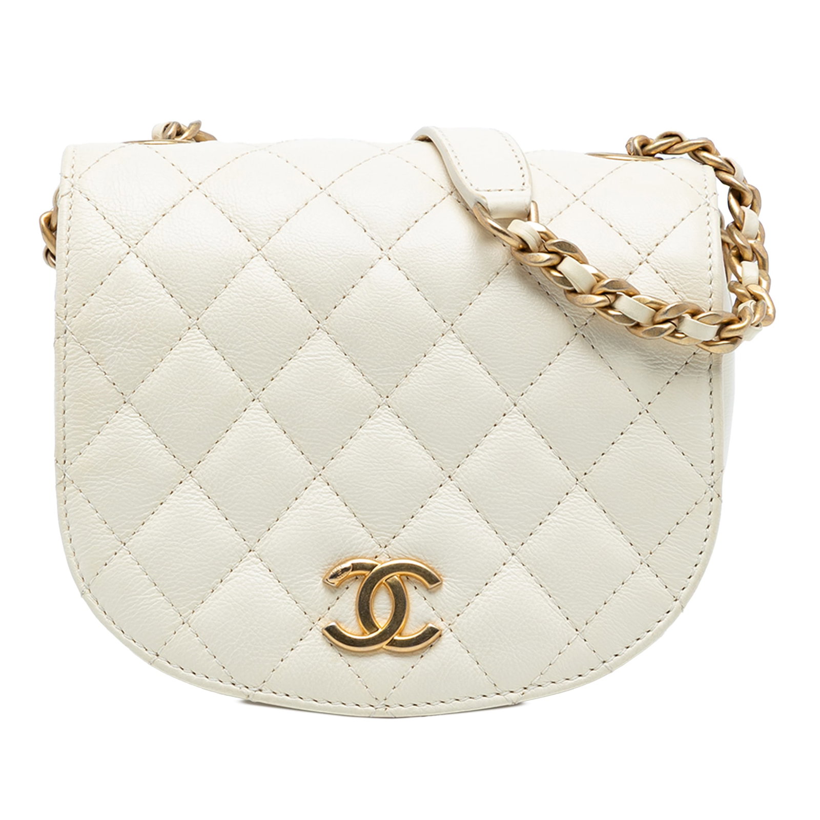 White Chanel Small Quilted Leather Messenger Bag with Chain Strap: White Chanel Small Quilted Leather Messenger Bag with Chain Strap This Chanel Small CC Quilted Calfskin Messenger Flap bag features a quilted leather body in white, a chain link shoulder strap with le