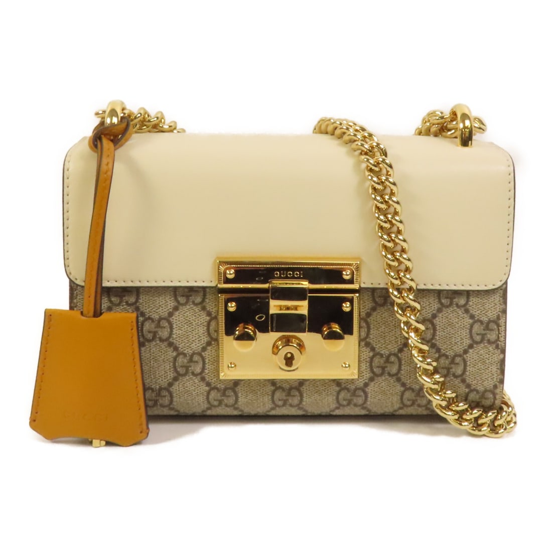 Gucci Padlock GG Beige Calfskin and Canvas Chain Shoulder Bag: Gucci Padlock GG Beige Calfskin and Canvas Chain Shoulder Bag This Gucci GG Padlock chain shoulder bag is crafted from beige calfskin leather and coated canvas. It features a structured silhouette, a