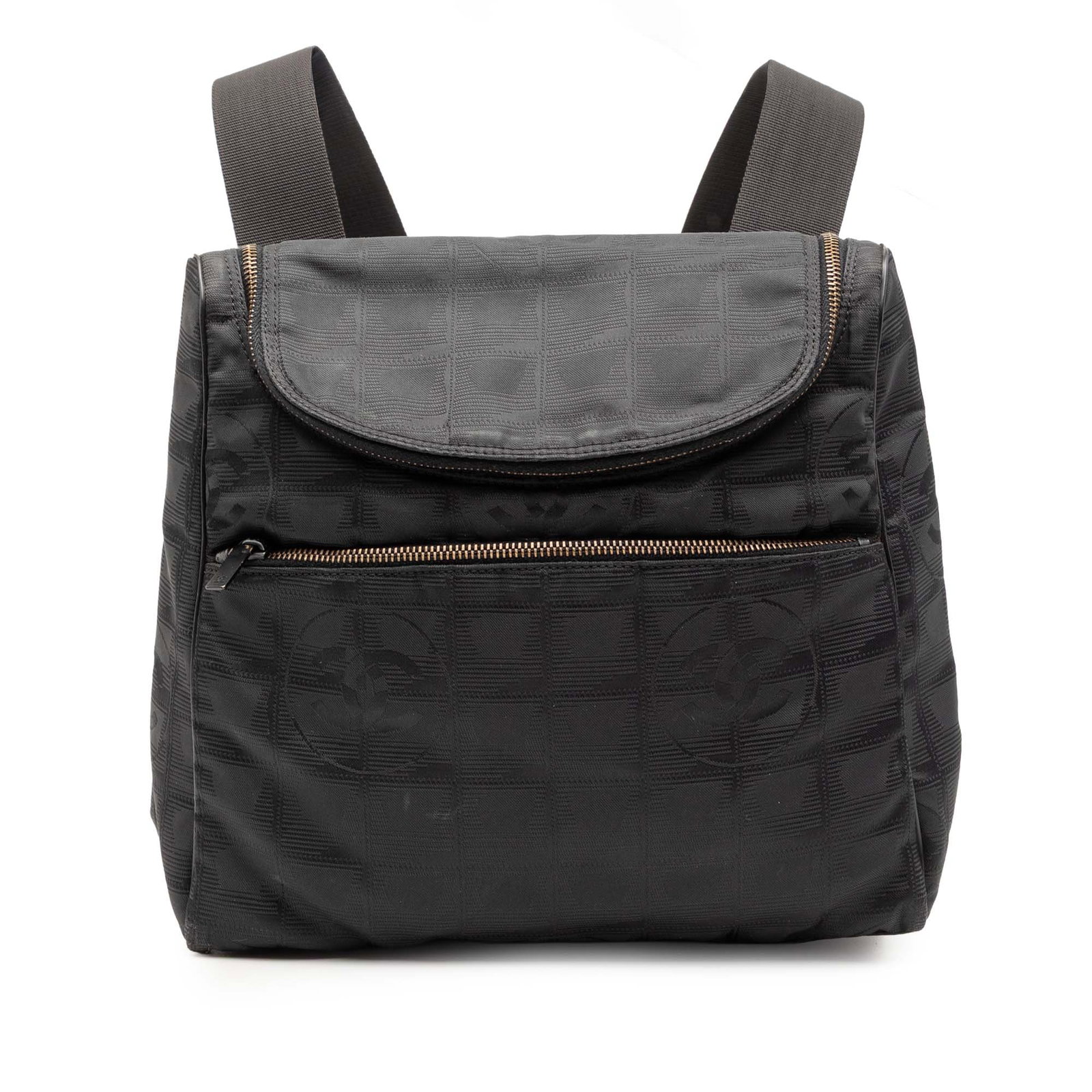 Chanel New Travel Line Black Nylon Convertible Shoulder Backpack: Chanel New Travel Line Black Nylon Convertible Shoulder Backpack This Chanel New Travel Line backpack features a black nylon body with a convertible design, allowing it to be worn with flat shoulder s