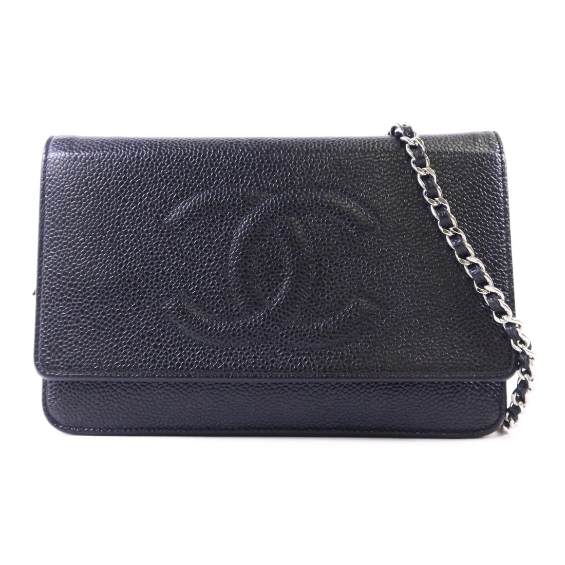Black Calfskin Chanel Wallet On Chain Shoulder Bag with Silver CC: Black Calfskin Chanel Wallet On Chain Shoulder Bag with Silver CC This CHANEL Wallet On Chain (WOC) shoulder bag is crafted from black calfskin leather and features the iconic CC logo with silver-tone