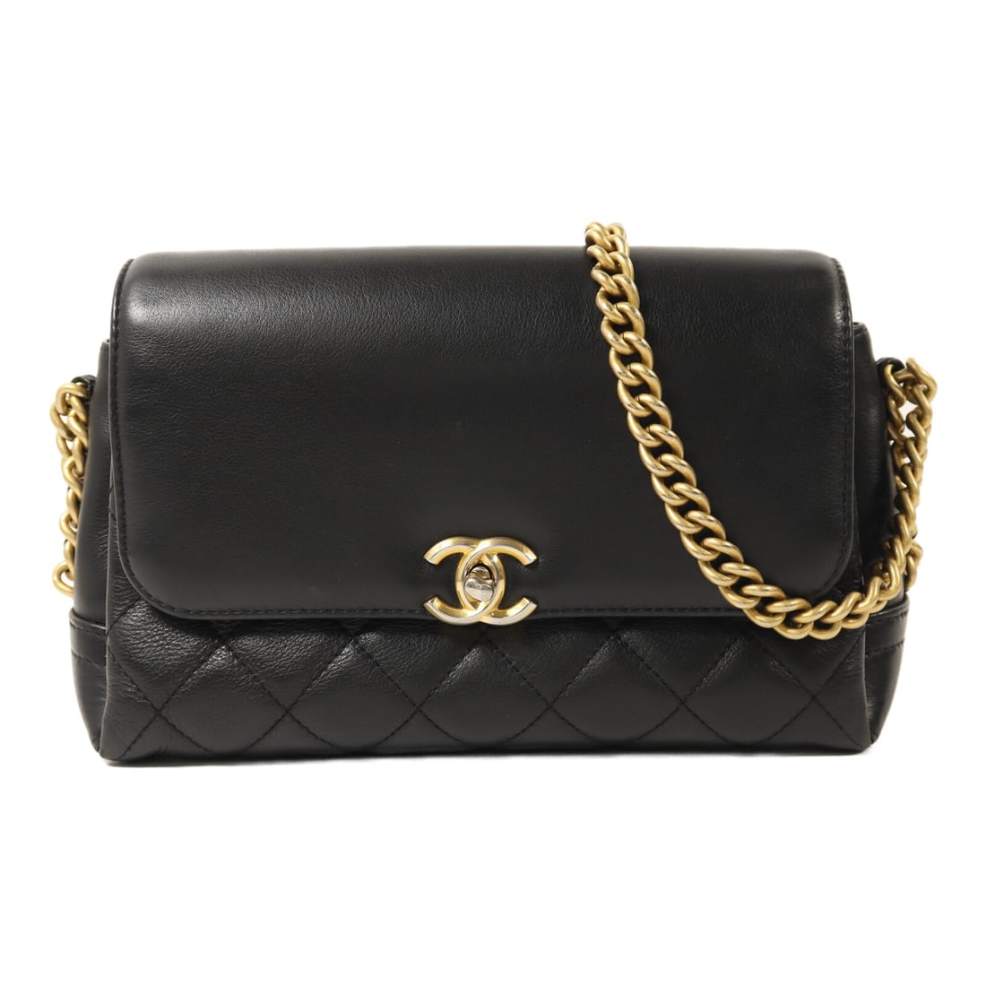 Chanel Black Lambskin Leather Shoulder Bag with Gold CC Chain: Chanel Black Lambskin Leather Shoulder Bag with Gold CC Chain This Chanel CC shoulder bag is crafted from black lambskin leather and features a classic chain design. The bag is designed for women and