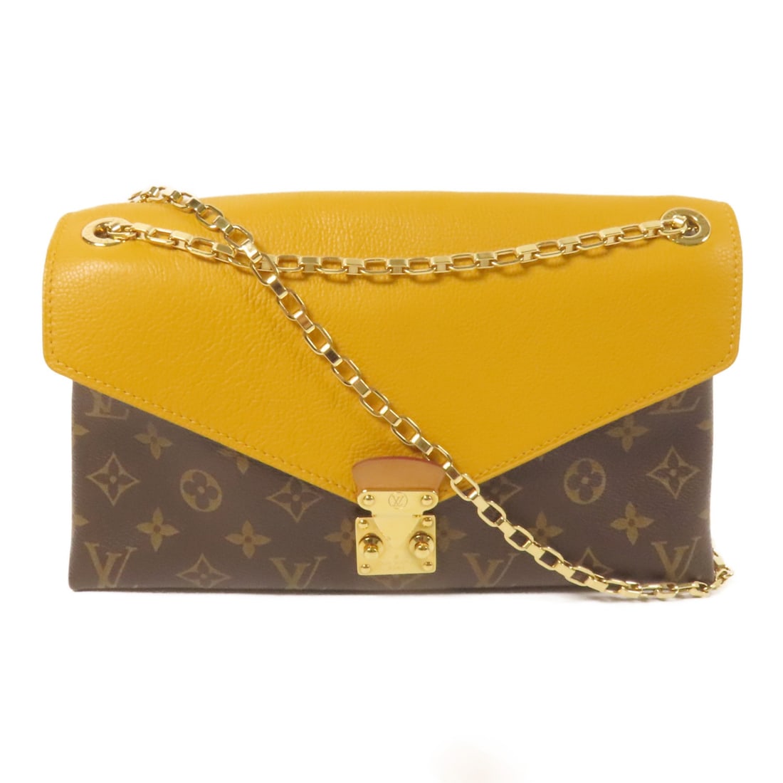LOUIS VUITTON Pallas Chain Shoulder Bag M41246 Monogram Brown Yellow: LOUIS VUITTON Pallas Chain Shoulder Bag M41246 Monogram Brown Yellow Elevate your style with the Louis Vuitton Pallas Chain Bag, a chic shoulder bag crafted from durable PVC coated canvas in a classic
