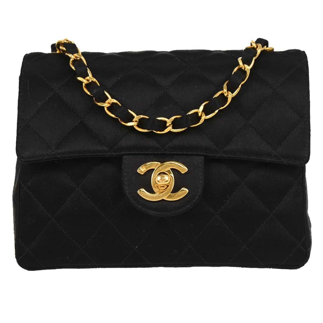 Chanel Black Satin Mini Classic Flap Shoulder Bag 7x5 with Chain Strap (1 of 10)