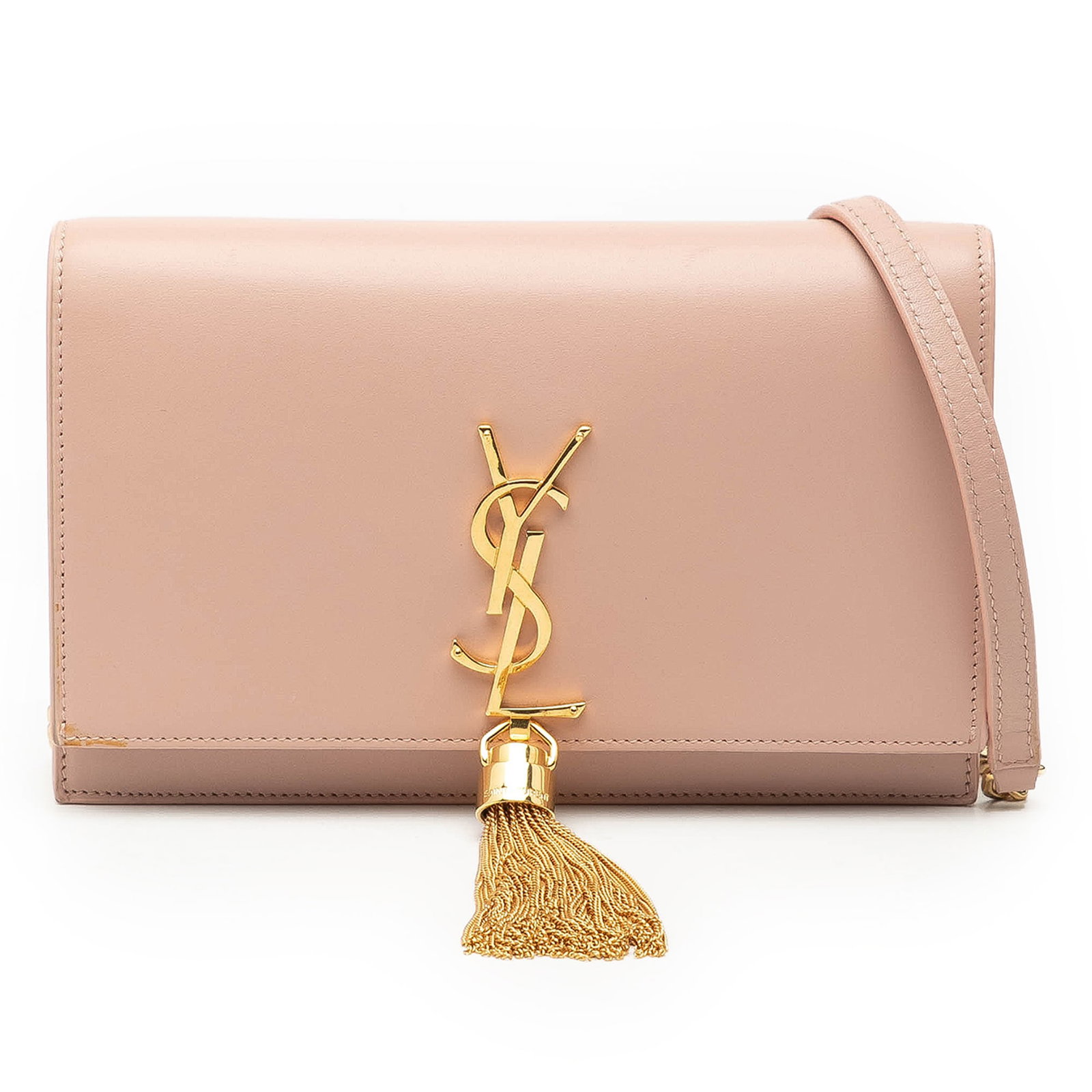 Pink Leather Kate Wallet on Chain with Tassel by Saint Laurent: Pink Leather Kate Wallet on Chain with Tassel by Saint Laurent This Saint Laurent Monogram Kate Tassel Wallet on Chain is crafted from smooth calfskin leather in pink. It features a tassel accent, a c