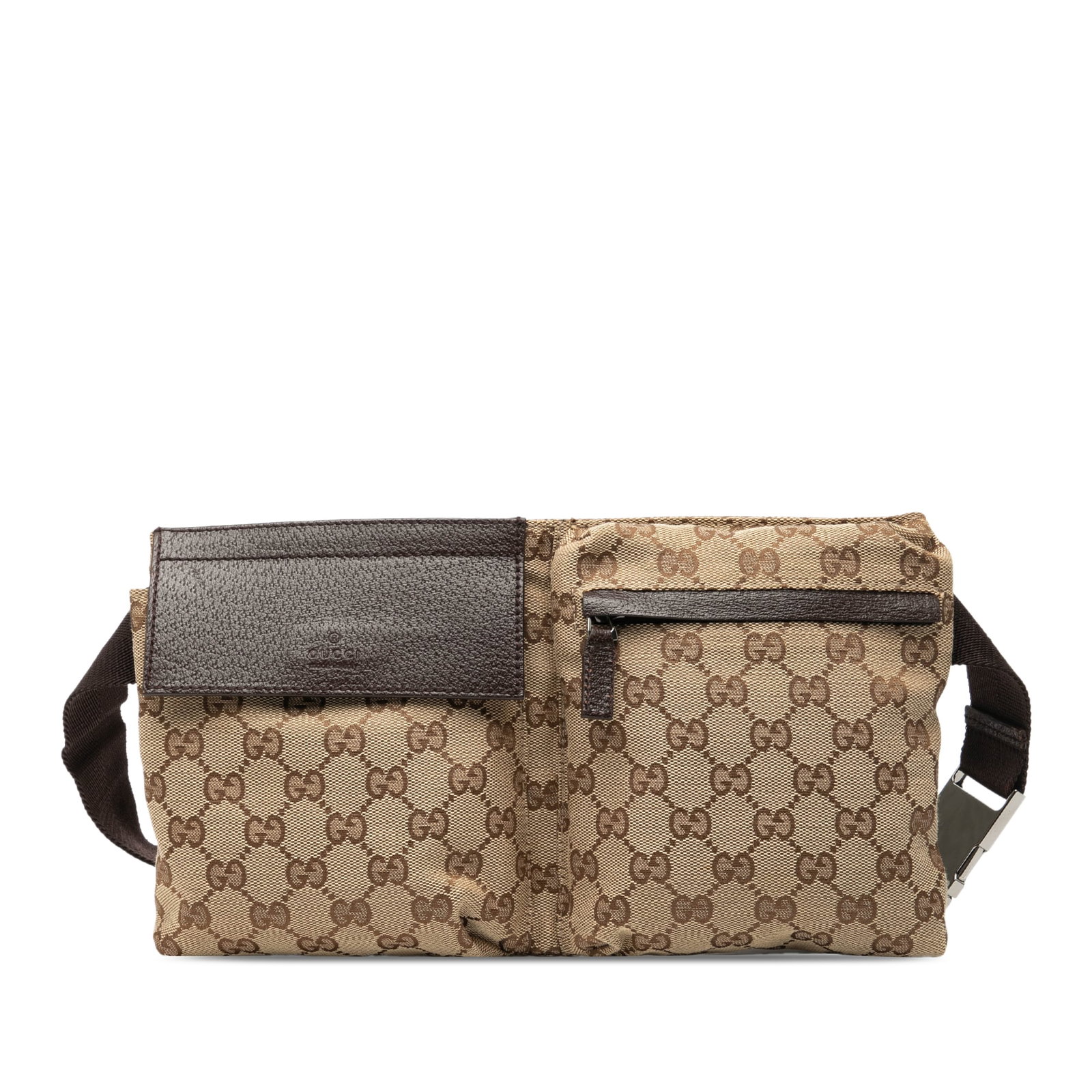 Gucci GG Canvas Belt Bag with Dual Front Pockets and Leather Trim: Gucci GG Canvas Belt Bag with Dual Front Pockets and Leather Trim This Gucci GG Canvas Double Pocket Belt Bag features a canvas body with leather trim, an adjustable flat waist strap, front flap and z
