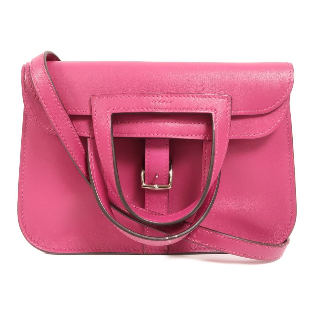 Mini Halzan Shoulder Bag in Purple Veau Swift Leather with Palladium Hardware: Mini Halzan Shoulder Bag in Purple Veau Swift Leather with Palladium Hardware This Hermes Mini Halzan 2 Way Shoulder Bag is crafted from Veau Swift calfskin leather in a rose purple color. Designed fo