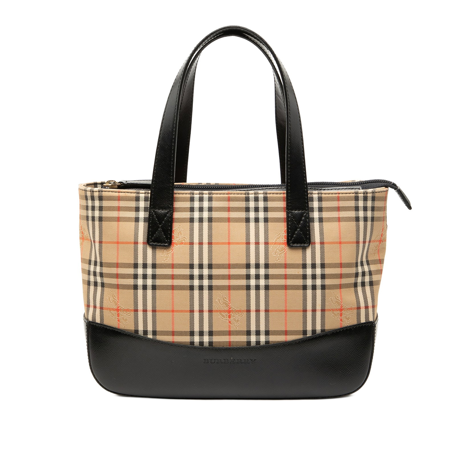 Haymarket Plaid Canvas Tote with Leather Trim by Burberry: Haymarket Plaid Canvas Tote with Leather Trim by Burberry This Burberry Haymarket Check Canvas Handbag features the brand's signature plaid canvas body accented with a leather bottom and flat leather