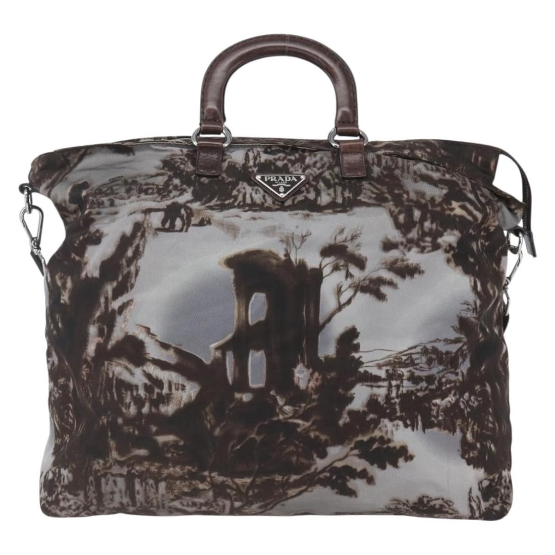 Brown Nylon Prada Convertible Tote Bag with Printed Design: Brown Nylon Prada Convertible Tote Bag with Printed Design This Prada Convertible Tote is crafted from printed brown nylon and designed for women. The bag features both handles and a shoulder strap, o