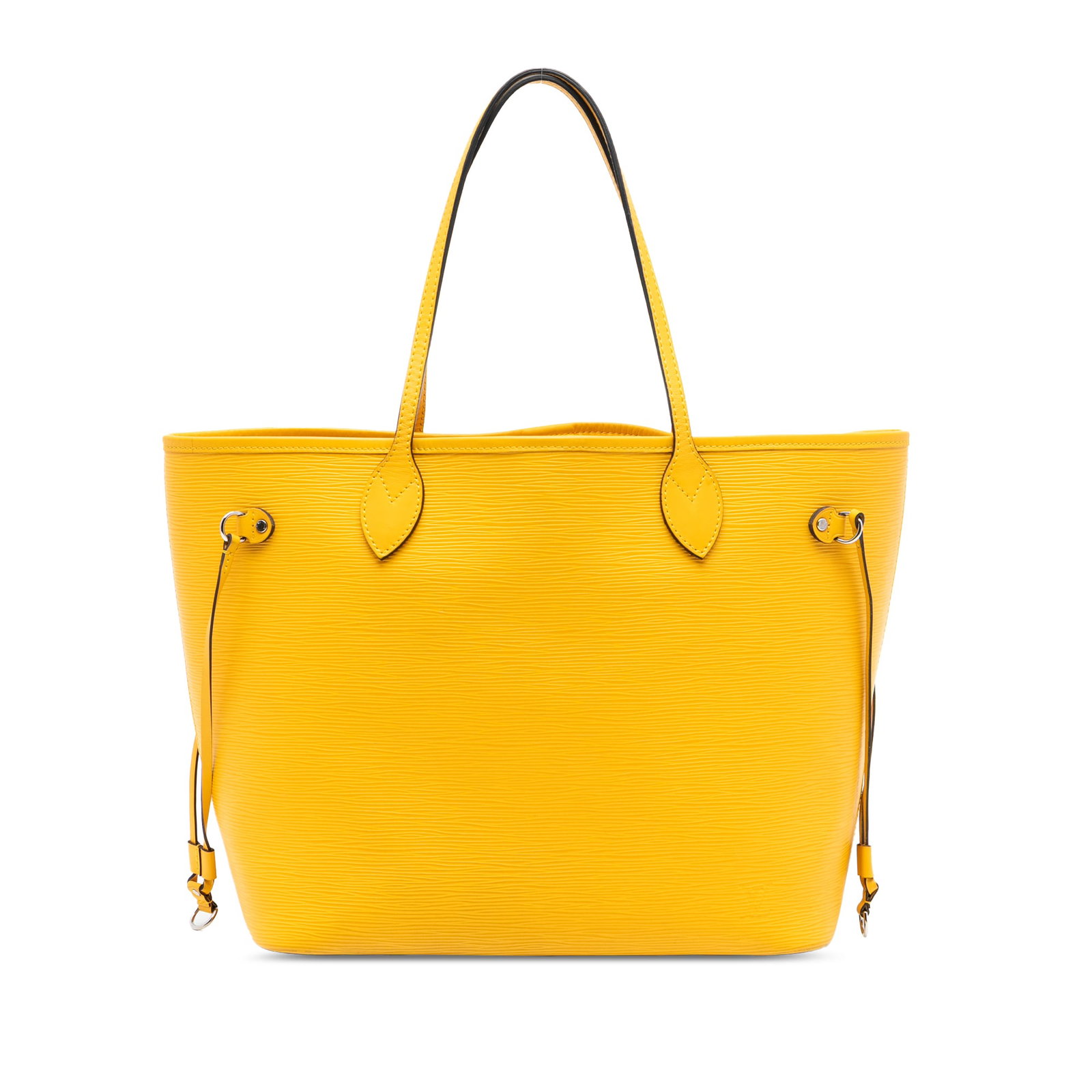 Epi Leather Neverfull MM Tote with Pouch by Louis Vuitton: Epi Leather Neverfull MM Tote with Pouch by Louis Vuitton This Louis Vuitton Epi Neverfull MM features a yellow epi leather body with flat leather straps, an open top secured by a lobster claw clasp,