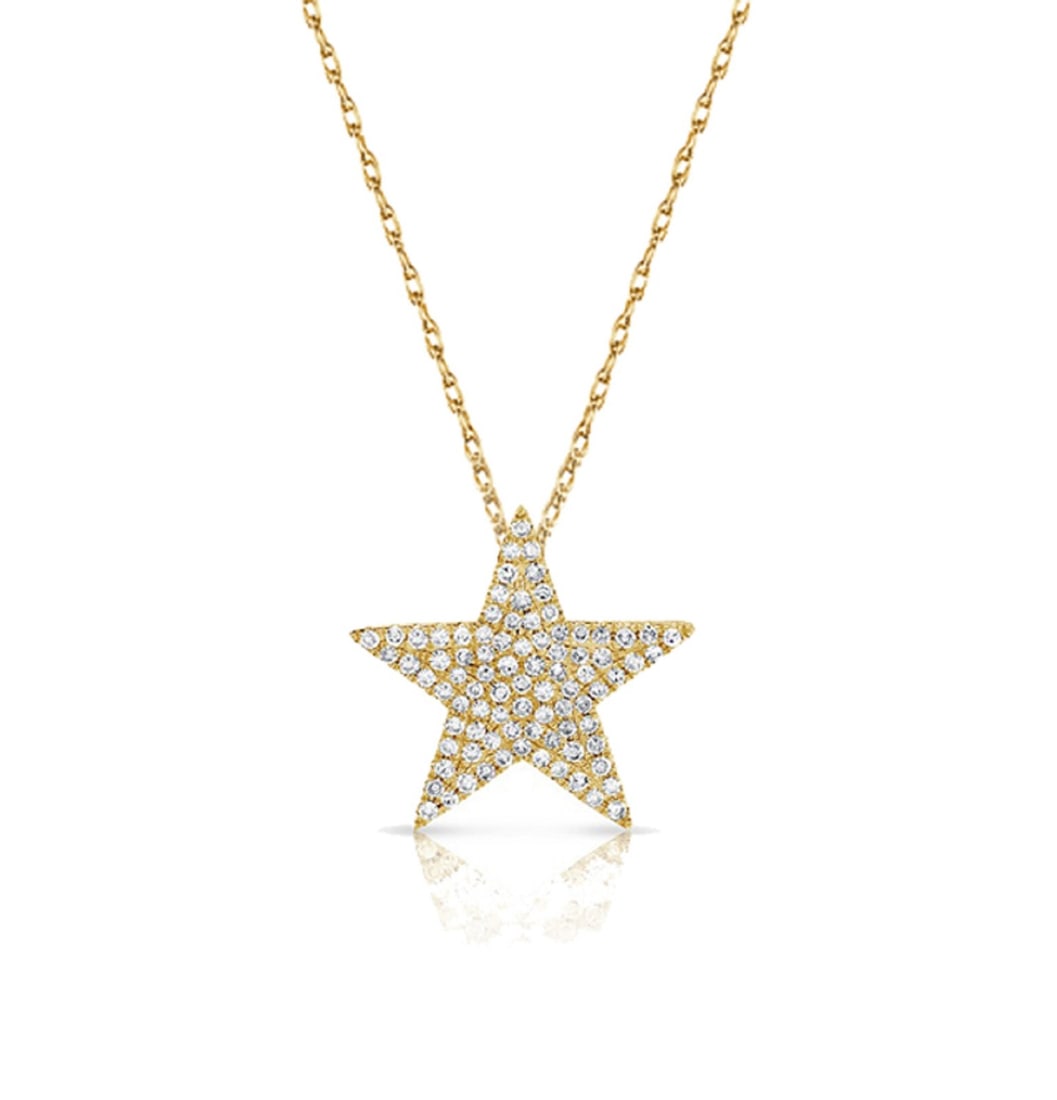 Elegant Diamond Star Necklace 14K Yellow Gold 86 Stones: Elegant Diamond Star Necklace 14K Yellow Gold 86 Stones This exquisite Diamond Star Necklace features a stunning round pendant crafted in 14K yellow gold. The necklace measures 18 inches in length and
