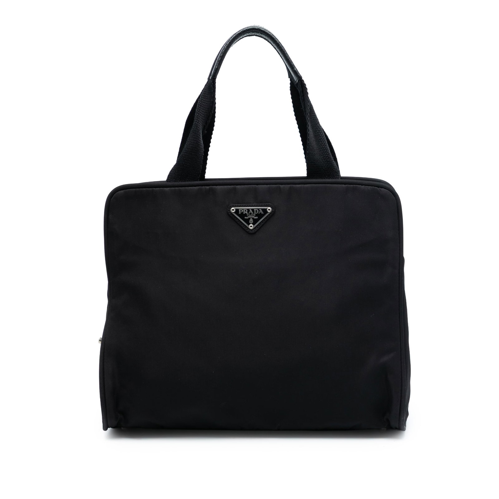 Black Tessuto Fabric Shoulder Bag by Prada with Top Zip Closure: Black Tessuto Fabric Shoulder Bag by Prada with Top Zip Closure This Prada Tessuto Handbag features a black nylon body with flat handles and a top zip closure. The interior is equipped with a zip pock