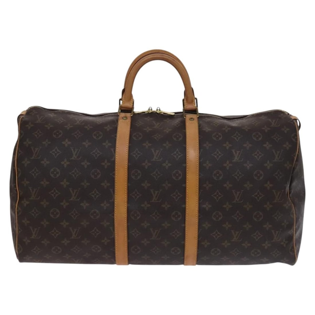 Louis Vuitton Keepall Brown Monogram Canvas Travel Bag 55cm: Louis Vuitton Keepall Brown Monogram Canvas Travel Bag 55cm This Louis Vuitton Keepall bag features the signature Monogram canvas in brown, designed for unisex use. The bag displays some signs of use,