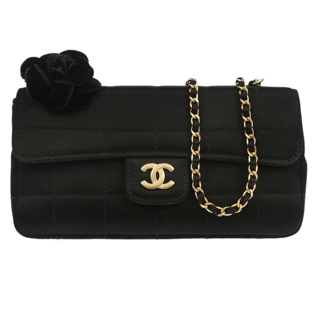 Mini Black Satin Camellia Choco Bar Shoulder Bag by Chanel: Mini Black Satin Camellia Choco Bar Shoulder Bag by Chanel This Chanel Black Satin Camellia Choco Bar Shoulder Bag features a mini size and is crafted from black satin with leather lining. The design