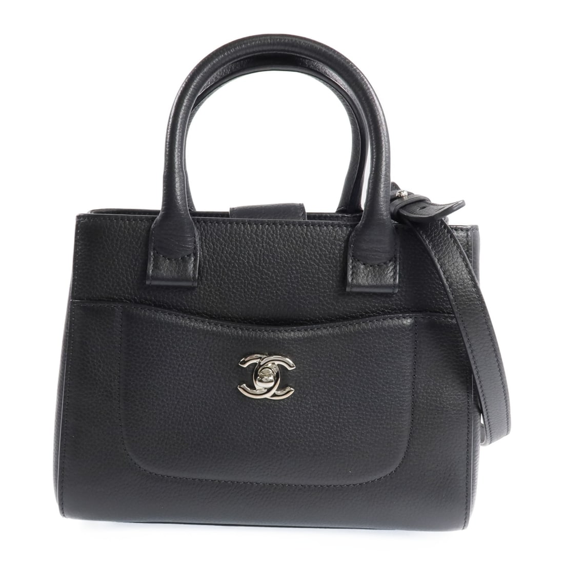 Black Calfskin Neo Executive Shoulder Bag by Chanel with Silver Hardware: Black Calfskin Neo Executive Shoulder Bag by Chanel with Silver Hardware This Chanel Neo Executive shoulder bag features luxurious black calfskin leather and silver-tone CC hardware. Designed for vers