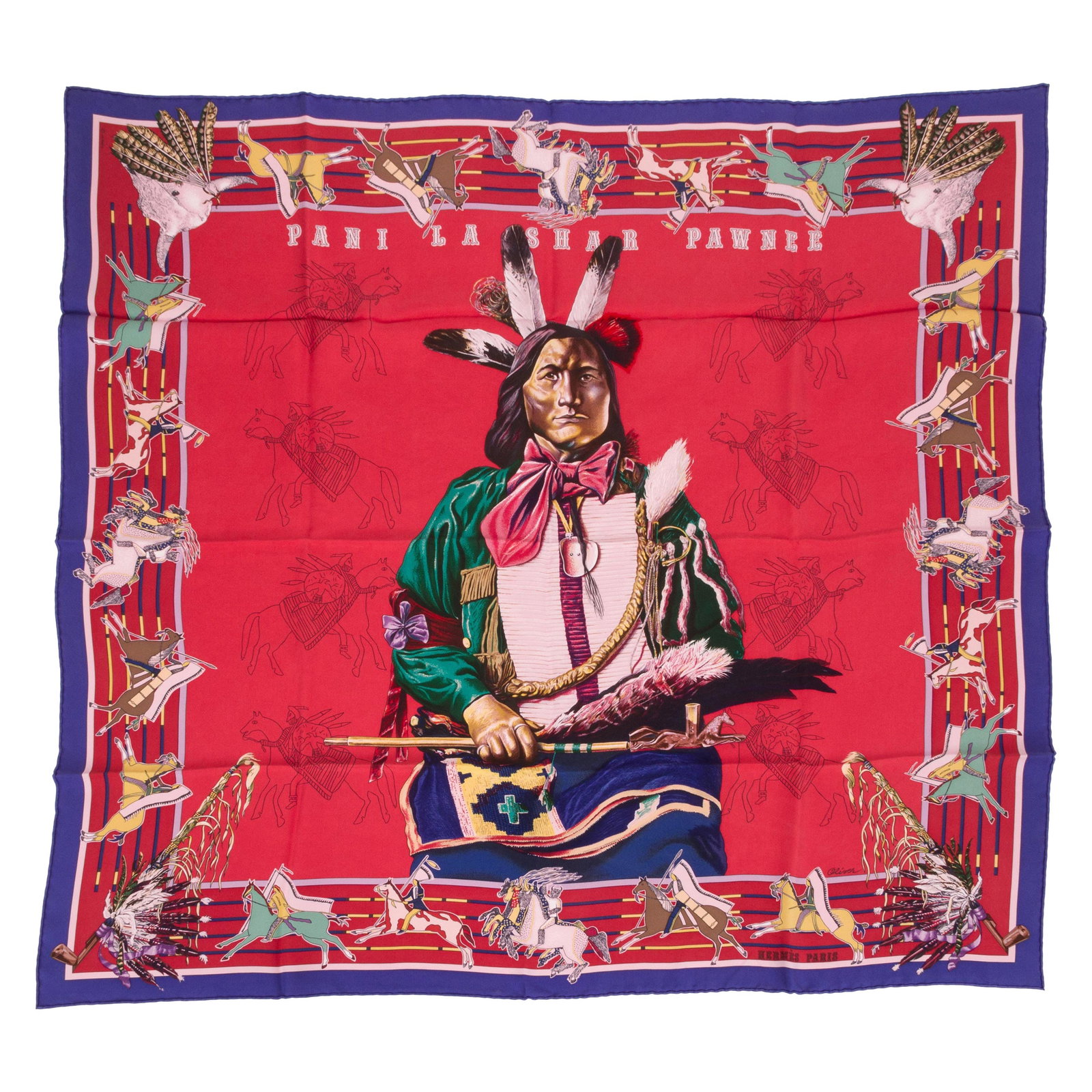 Hermes Pani la Shar Pawnee 35" Silk Scarf with Box by Kermit Oliver: Hermes Pani la Shar Pawnee 35" Silk Scarf with Box by Kermit Oliver Hermes Pani la Shar Pawnee scarf, designed by Kermit Oliver, features a vibrant red and blue design with hand-rolled edges. This un-