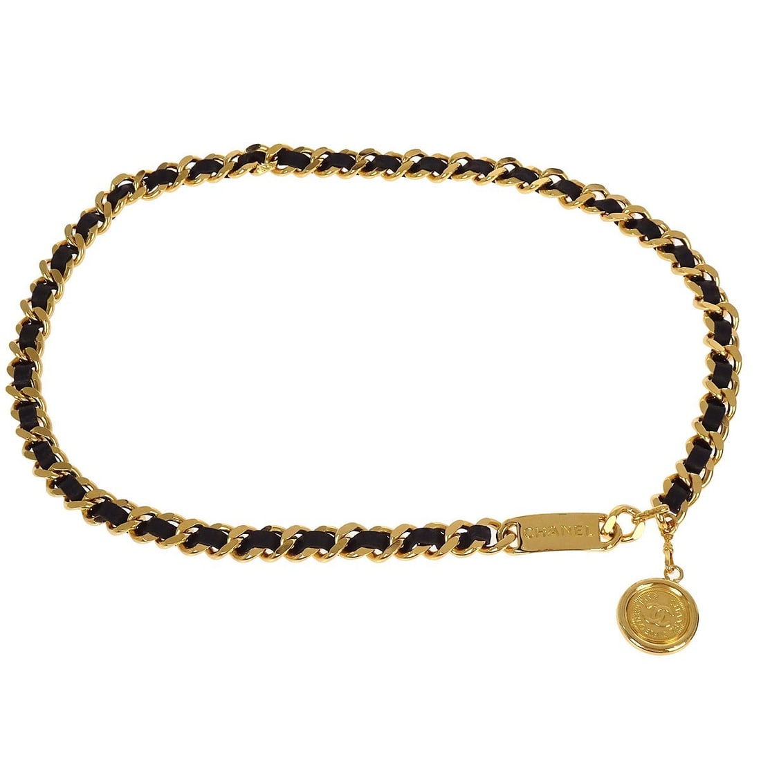 Chanel Gold and Black Medallion Chain Belt Small 95A: Chanel Gold and Black Medallion Chain Belt Small 95A This Chanel chain belt features a medallion design in gold and black, offering a stylish accessory for women. Crafted in France, it is a small size