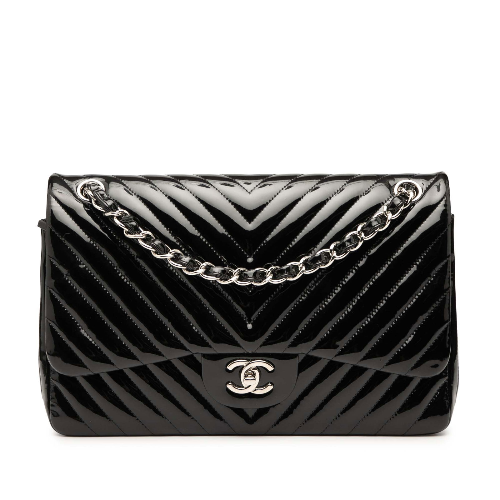 Black Chanel Chevron Quilted Jumbo Patent Leather Double Flap Shoulder Bag: Black Chanel Chevron Quilted Jumbo Patent Leather Double Flap Shoulder Bag This Chanel Jumbo Classic Chevron Patent Double Flap shoulder bag features a black quilted patent leather exterior with a che