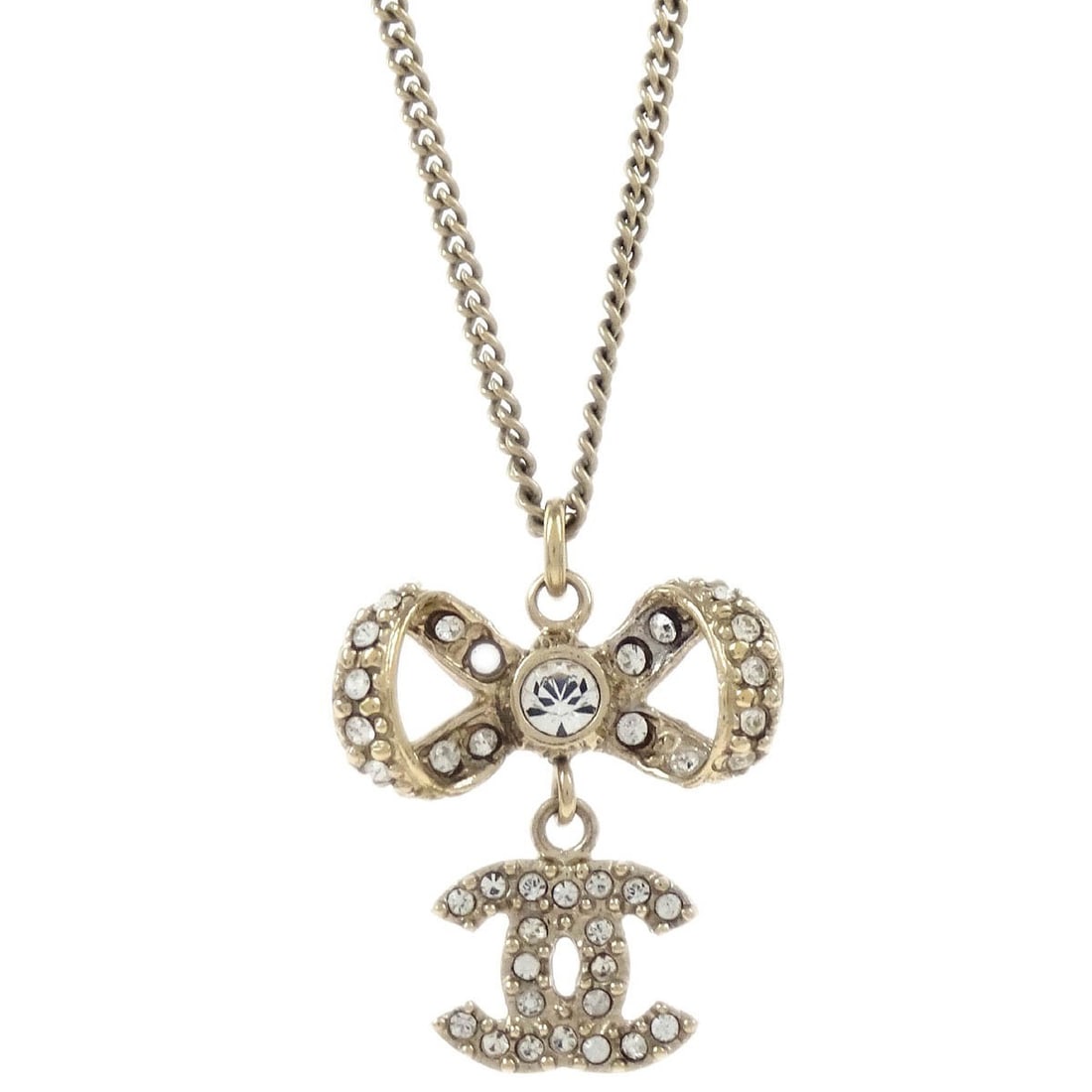 Chanel Gold-Plated CC Pendant Necklace with Rhinestone Bow (1 of 4)