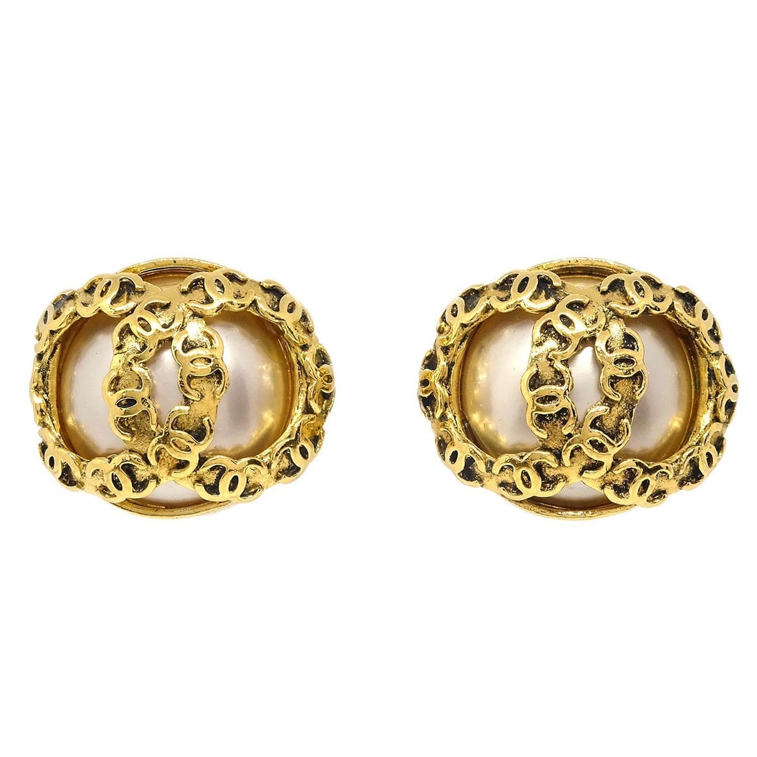 Chanel 94P Gold-tone Clip-On Button Earrings with Artificial Pearls (1 of 4)