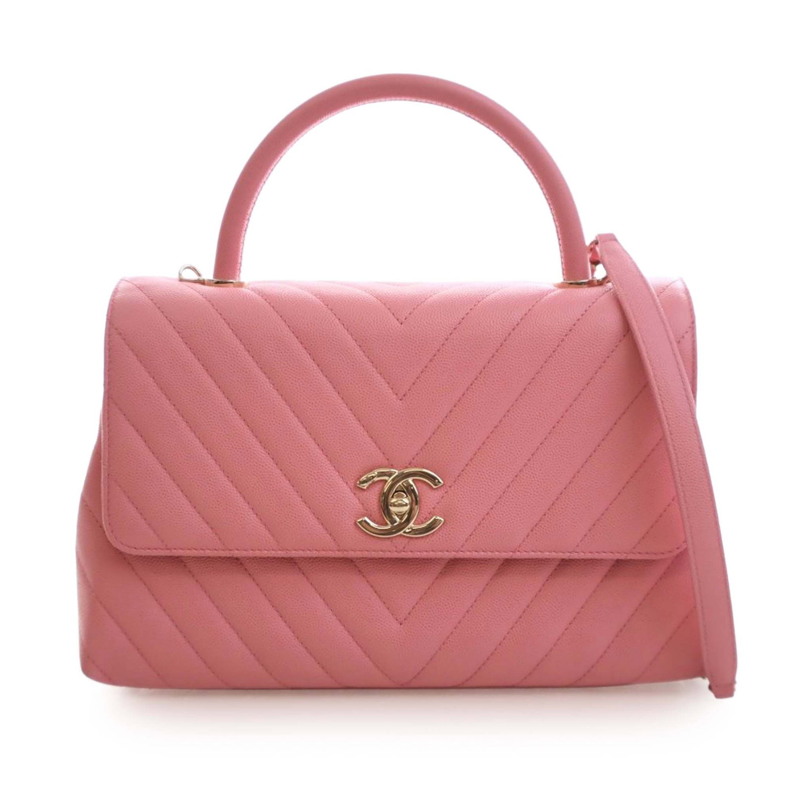 Chanel Pink Chevron Caviar Leather Satchel with Top Handle and Chain Strap: Chanel Pink Chevron Caviar Leather Satchel with Top Handle and Chain Strap This Chanel Small Caviar Chevron Coco Top Handle Bag is crafted from pink caviar leather and features a rolled top handle, a