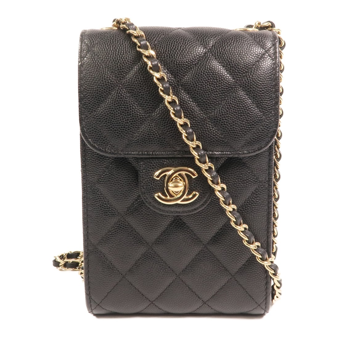 Chanel Black Calfskin CC Phone Bag with Gold Chain Shoulder Strap AP0249: Chanel Black Calfskin CC Phone Bag with Gold Chain Shoulder Strap AP0249 This Chanel CC phone bag features a chain shoulder strap and is crafted from black calfskin leather. Designed for women, it off