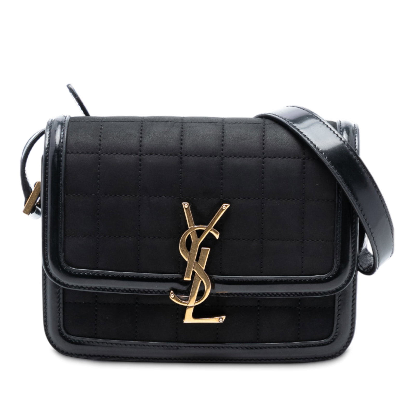 Small Saint Laurent Solferino Satchel Quilted Suede Leather Handbag: Small Saint Laurent Solferino Satchel Quilted Suede Leather Handbag This Saint Laurent Small Quilted Suede Solferino Satchel features a quilted suede leather body in black, an adjustable flat leather 
