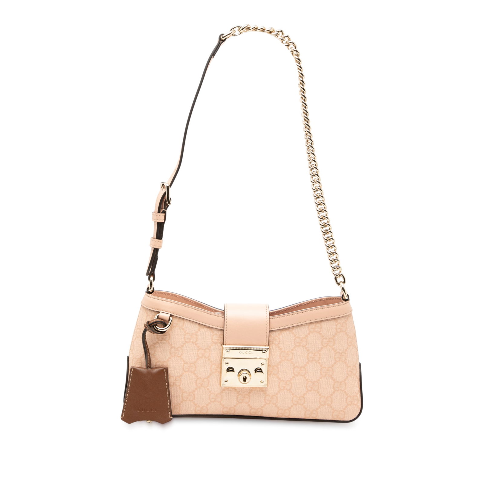 Gucci Small GG Supreme Padlock Shoulder Bag Pink Fabric Italy: Gucci Small GG Supreme Padlock Shoulder Bag Pink Fabric Italy Elevate your accessory collection with the Gucci Small GG Supreme Padlock Shoulder Bag. This stylish tote is crafted from durable coated c