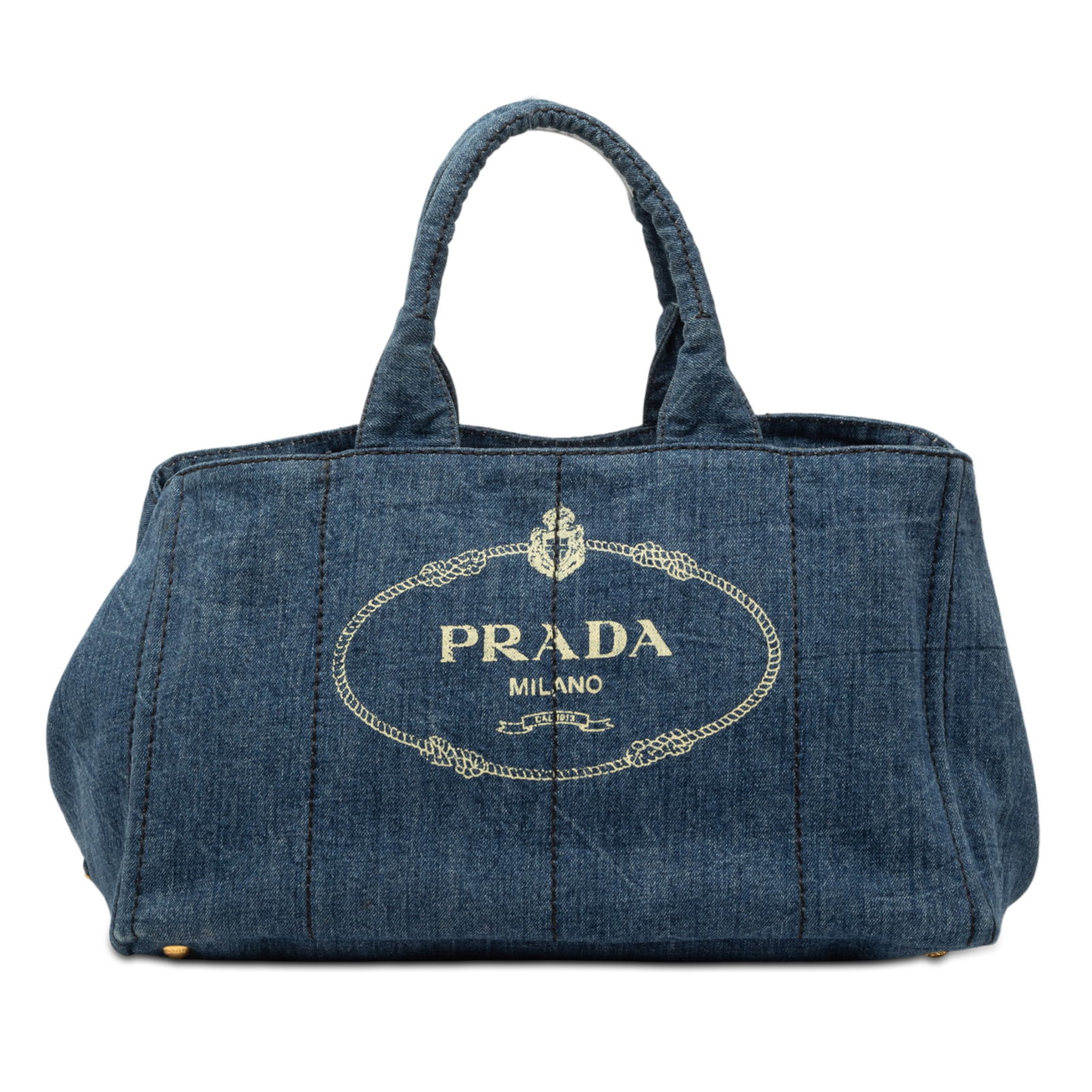 Prada Canapa Denim Blue Satchel with Logo and Rolled Handles (1 of 6)