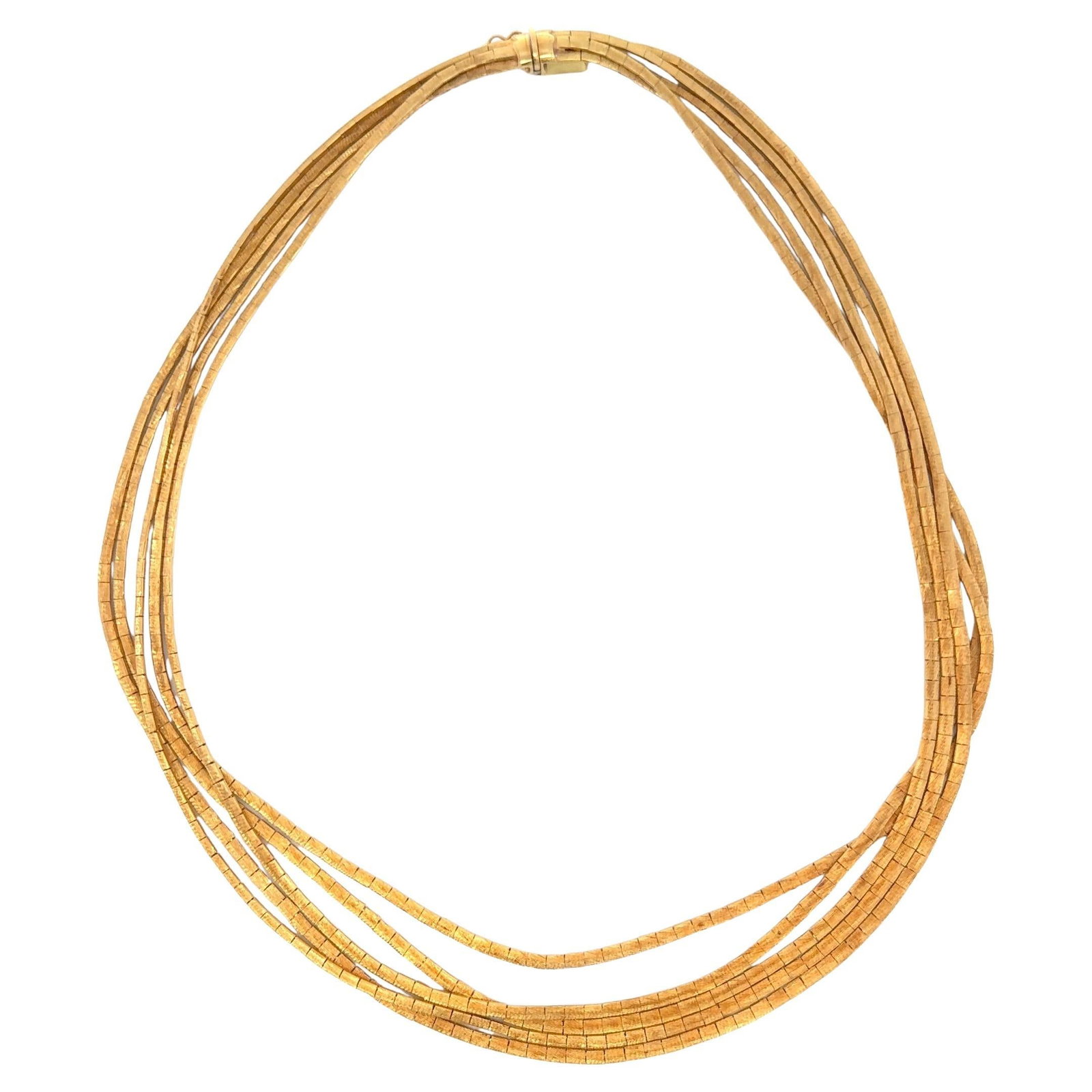 Harbor Diamonds 18K Yellow Gold 5 Row Matte Necklace 62.8g: Harbor Diamonds 18K Yellow Gold 5 Row Matte Necklace 62.8g This stunning necklace features five rows of matte-finished strands crafted from 18 karat yellow gold, exuding a contemporary style. Weighing