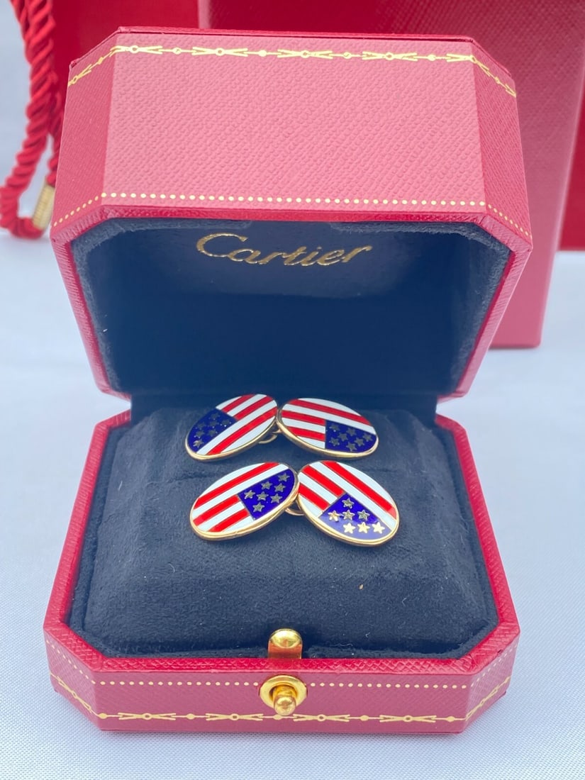 Cartier 18K Gold Enameled US Flag Cufflinks with Box and Certificate: Cartier 18K Gold Enameled US Flag Cufflinks with Box and Certificate Presenting a stunning pair of Cartier cufflinks, crafted from 18K yellow gold and adorned with vibrant enamel, featuring the iconic