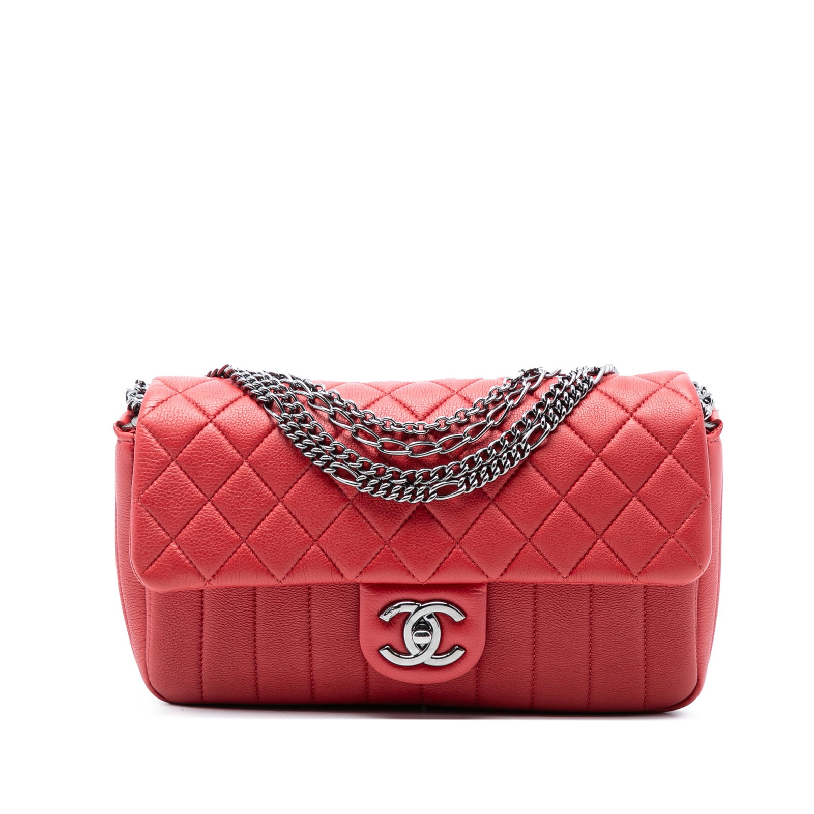 Chanel Red Quilted Leather Shoulder Bag with Silver Chain and CC Turn Lock: Chanel Red Quilted Leather Shoulder Bag with Silver Chain and CC Turn Lock This Chanel CC Quilted Calfskin Multi Chain Flap is a red shoulder bag crafted from quilted leather. It features silver tone