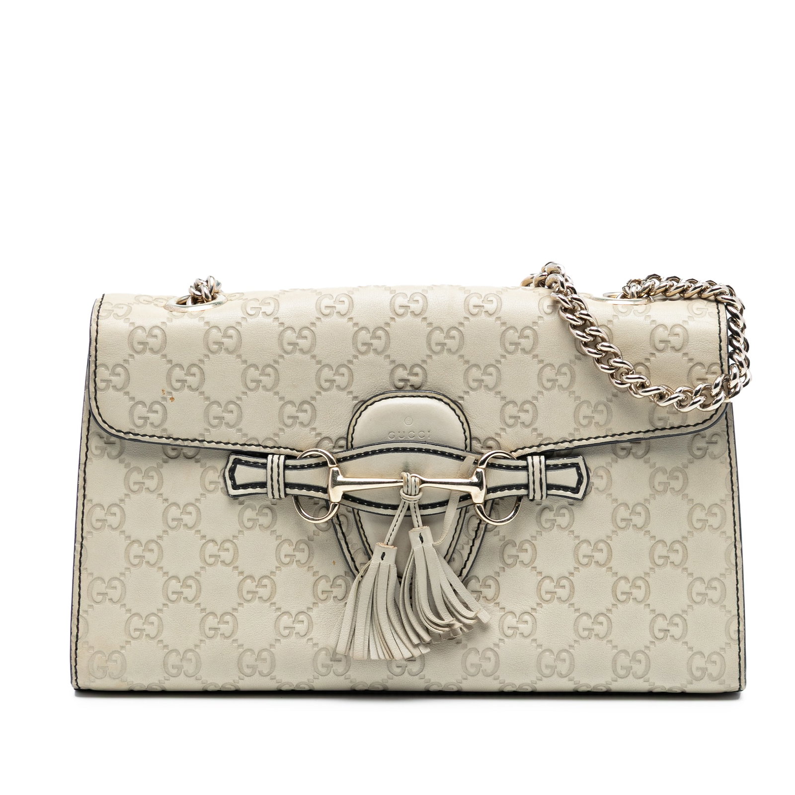 Gucci Emily Shoulder Bag in White Guccissima Embossed Leather: Gucci Emily Shoulder Bag in White Guccissima Embossed Leather This Gucci Medium Guccissima Emily Shoulder Bag features an embossed leather body in white, complemented by a chain link strap with a leat