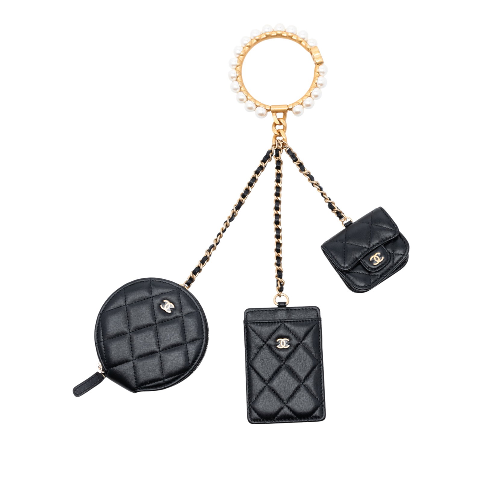 Chanel Black Quilted Lambskin Multi-Pouch Wristlet with Pearl Handle: Chanel Black Quilted Lambskin Multi-Pouch Wristlet with Pearl Handle This set of Chanel pouches showcases quilted lambskin leather in black, complemented by a metal handle adorned with faux pearl deta