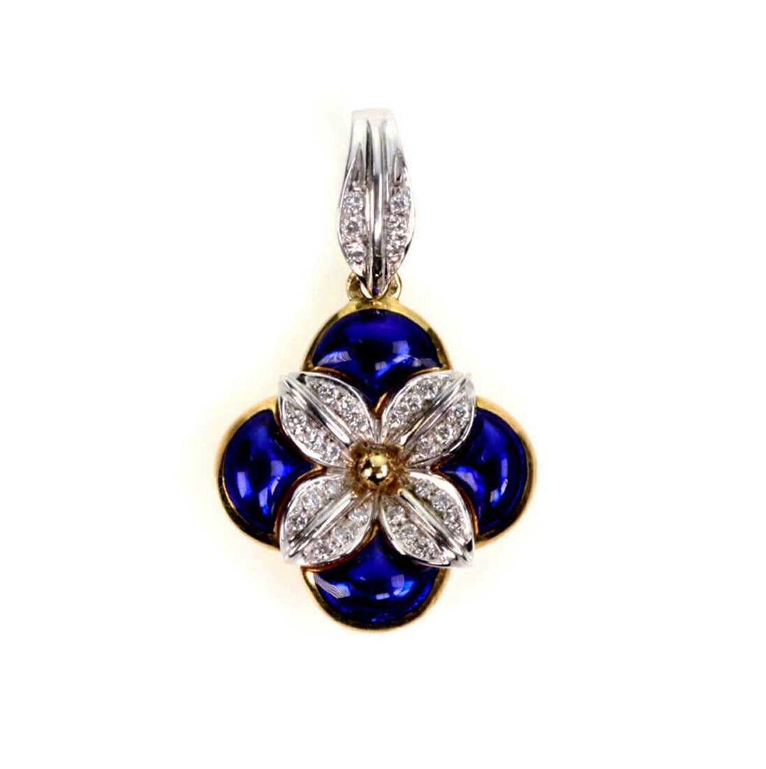 Blue Enamel Flower Pendant in 18k Two Tone Gold with Diamonds by H. Stern: Blue Enamel Flower Pendant in 18k Two Tone Gold with Diamonds by H. Stern This H. Stern pendant is crafted from 18k yellow and white gold, featuring a blue enamel flower accented with 0.35 carats of G