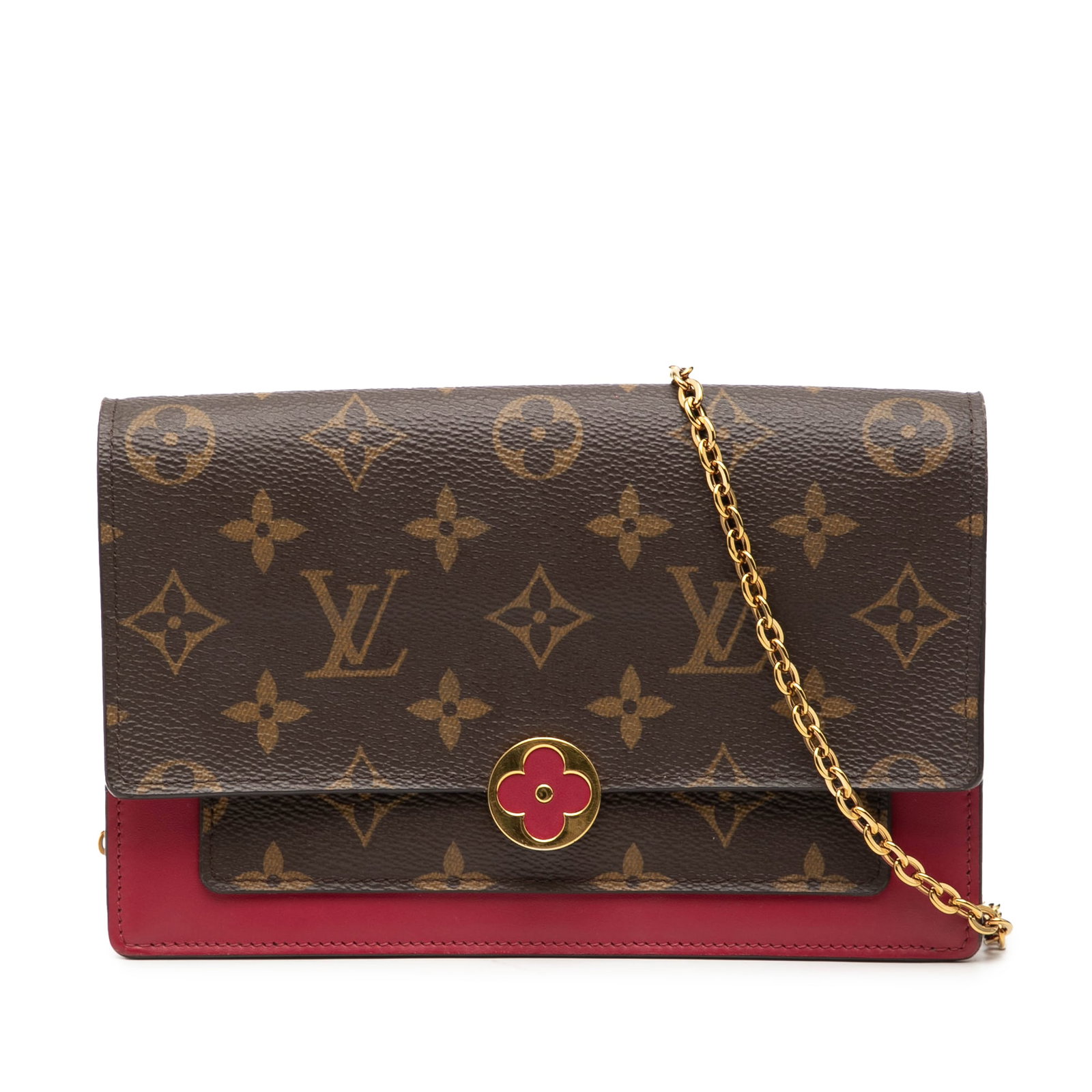 Louis Vuitton Flore Crossbody Bag in Monogram Canvas with Chain Strap: Louis Vuitton Flore Crossbody Bag in Monogram Canvas with Chain Strap The Louis Vuitton Monogram Flore Wallet On Chain is a crossbody bag crafted from monogram canvas in brown. It features a chain-lin