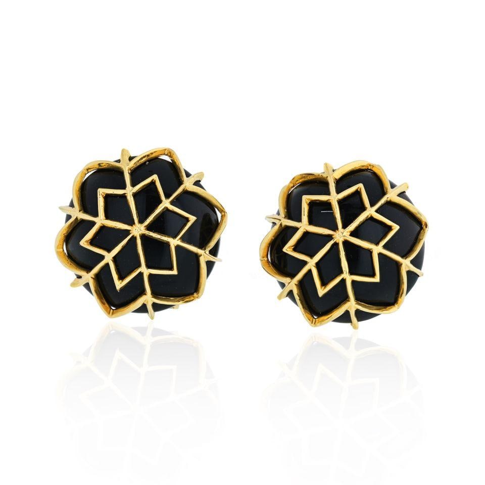 David Webb Snowflake Onyx Earrings Platinum 18K Yellow Gold (1 of 4)