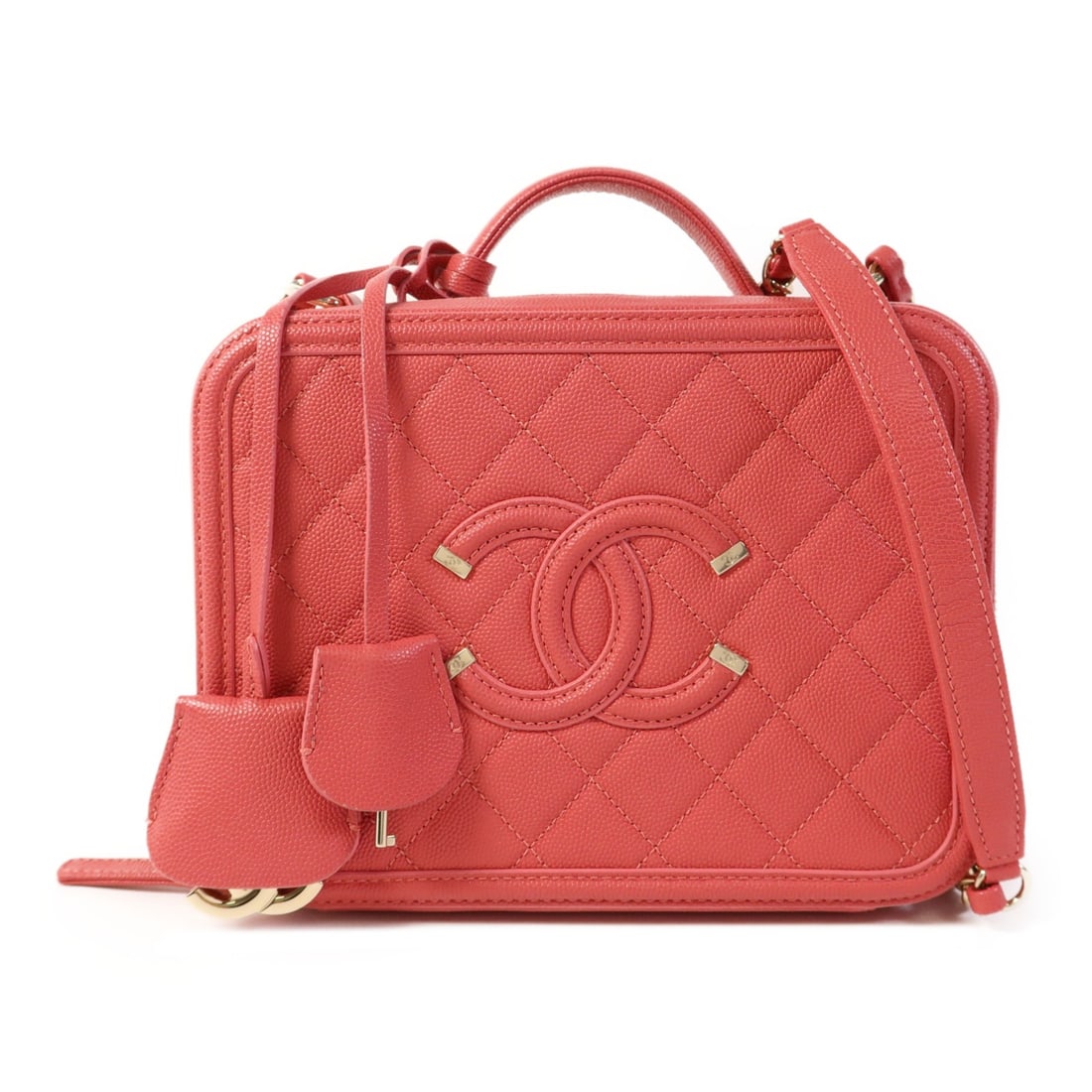 CHANEL Pink Calfskin Leather 2 Way Vanity Shoulder Bag GHW: CHANEL Pink Calfskin Leather 2 Way Vanity Shoulder Bag GHW This CHANEL 2 Way Chain Shoulder Bag is a stylish and versatile accessory crafted from luxurious calfskin leather in a delightful pink hue. W