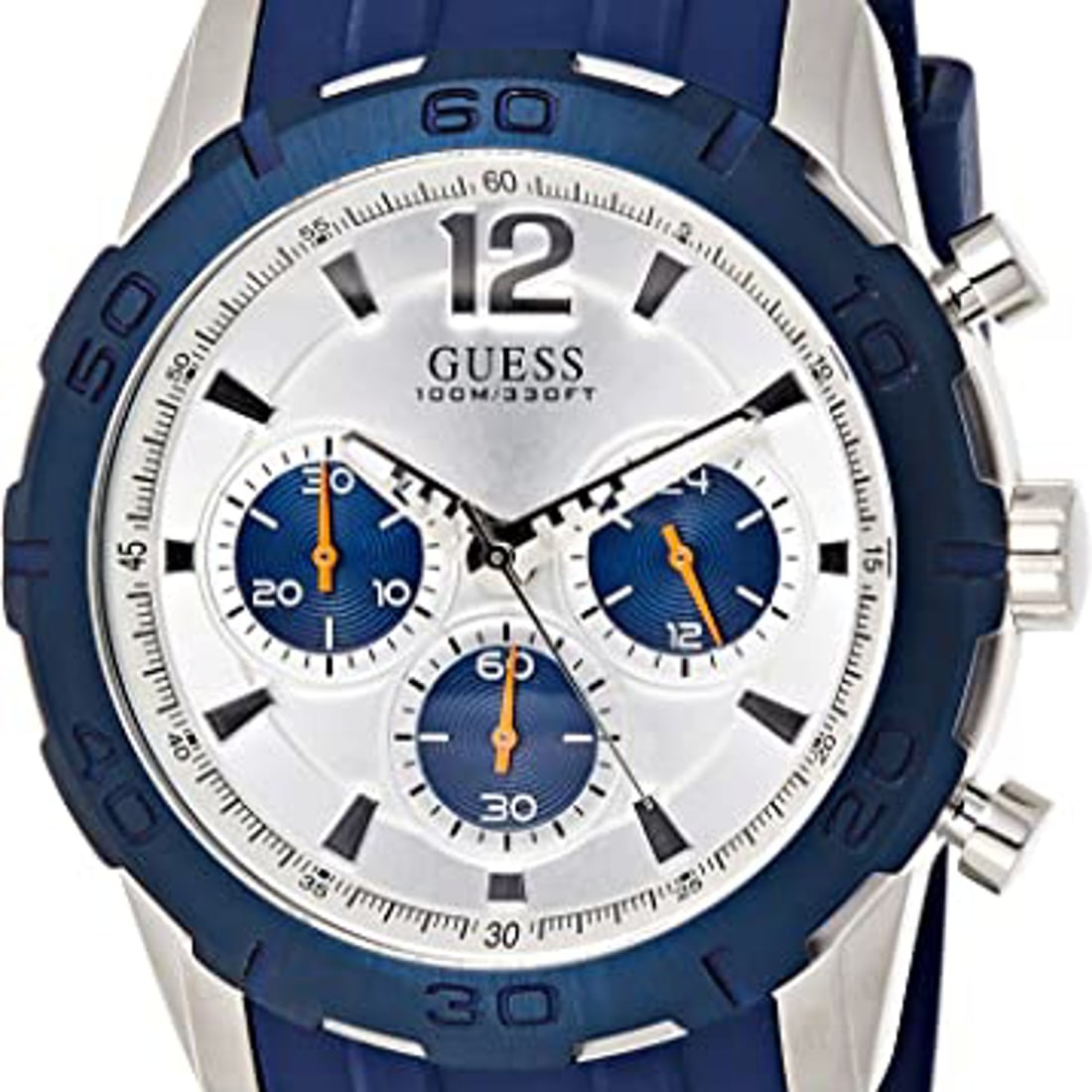 Guess 45mm Steel Chronograph Quartz Watch W0864G6 Blue Bezel Silicone Strap: Guess 45mm Steel Chronograph Quartz Watch W0864G6 Blue Bezel Silicone Strap This Guess 45mm Steel Chronograph Men's Quartz Watch (Model W0864G6) combines style and functionality, making it a perfect a
