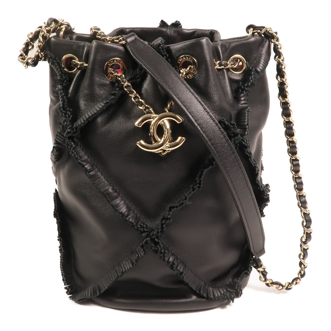 Chanel Black Calfskin Leather Bucket Shoulder Bag with Chain and CC Hardware: Chanel Black Calfskin Leather Bucket Shoulder Bag with Chain and CC Hardware This CHANEL shoulder bag features a classic bucket design crafted from black calfskin leather. It is designed for women and
