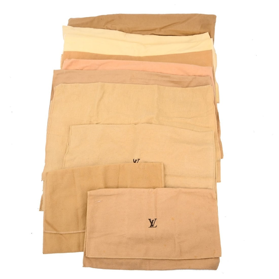 Set of 10 Cotton Louis Vuitton Brown Beige Dustbags: Set of 10 Cotton Louis Vuitton Brown Beige Dustbags This set includes 10 Louis Vuitton dust bags in brown and beige, crafted from 100% cotton. Designed for unisex use, these dust bags provide protecti