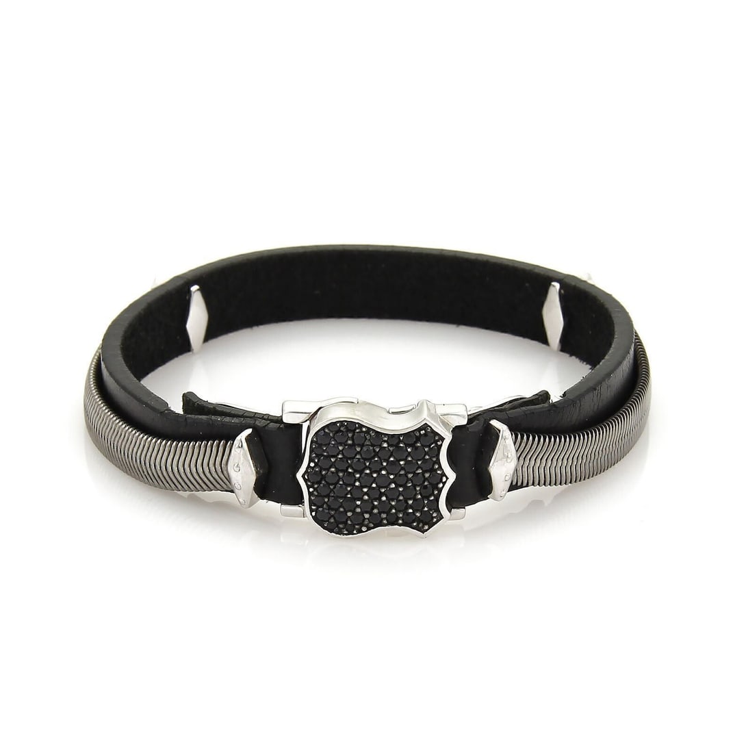 Sterling Silver Shield Bracelet with Black Sapphires and Leather by Stephen Webster (1 of 4)