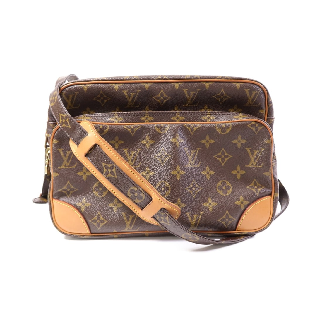 Louis Vuitton Nile Monogram Brown Shoulder Bag with Gold Hardware M45244: Louis Vuitton Nile Monogram Brown Shoulder Bag with Gold Hardware M45244 This Louis Vuitton Nile crossbody shoulder bag features the iconic LV monogram pattern on brown PVC coated canvas. It is design
