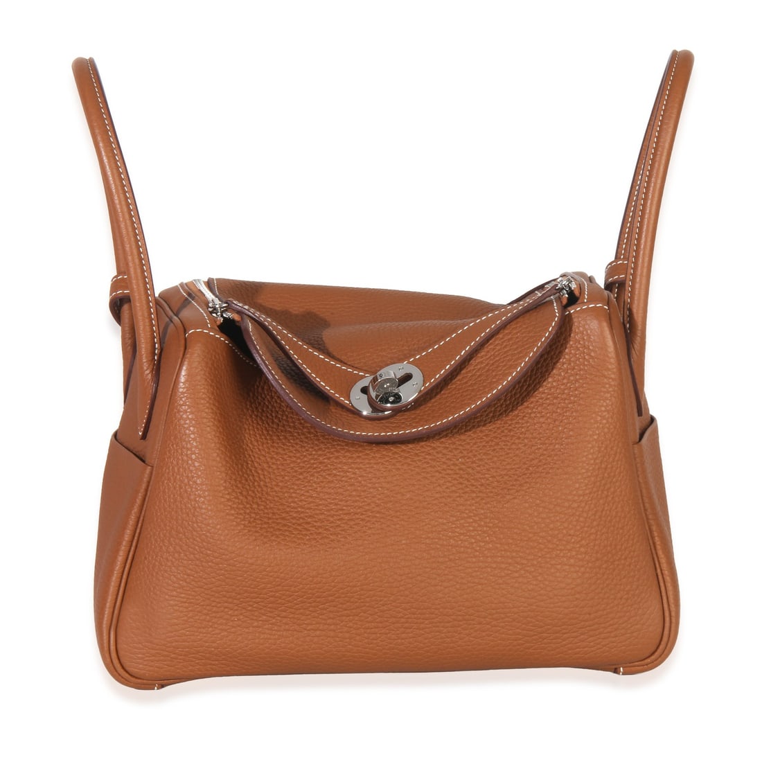 Hermes Lindy 26 Brown Leather Shoulder Bag with Silver Tone Hardware: Hermes Lindy 26 Brown Leather Shoulder Bag with Silver Tone Hardware This Hermes Lindy 26 handbag is crafted from gold Clemence leather and features silver-tone hardware. The bag offers versatile carr