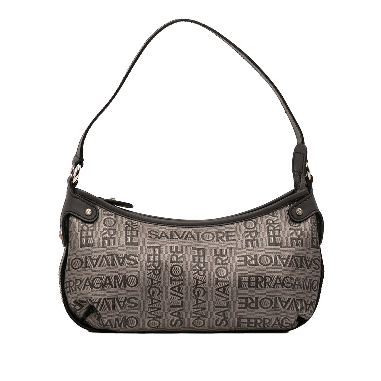 Ferragamo Embroidered Brown Fabric Shoulder Bag with Leather Trim: Ferragamo Embroidered Brown Fabric Shoulder Bag with Leather Trim This Ferragamo shoulder bag features an embroidered polyester body with leather trim, complemented by a flat leather strap. The bag ha