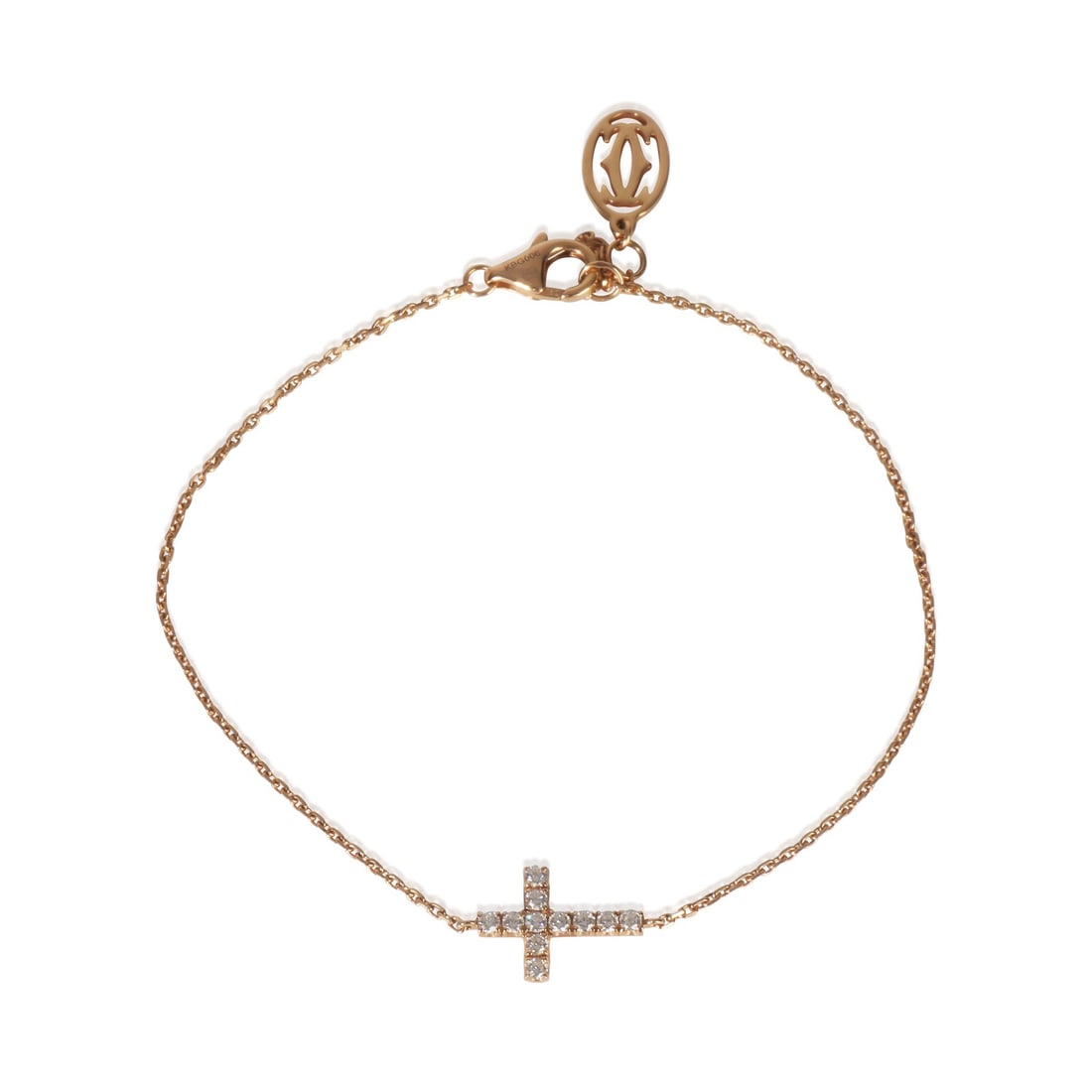 Cartier Symbols Cross 18k Rose Gold Diamond Bracelet 7.25 Inch: Cartier Symbols Cross 18k Rose Gold Diamond Bracelet 7.25 Inch This Cartier Symbols Cross bracelet features round brilliant cut white diamonds set in 18k rose gold. The bracelet showcases a lobster cl